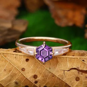 Unique Hexagon Cut Sterling Silver Natural Amethyst  Engagement  Ring February Birthstone