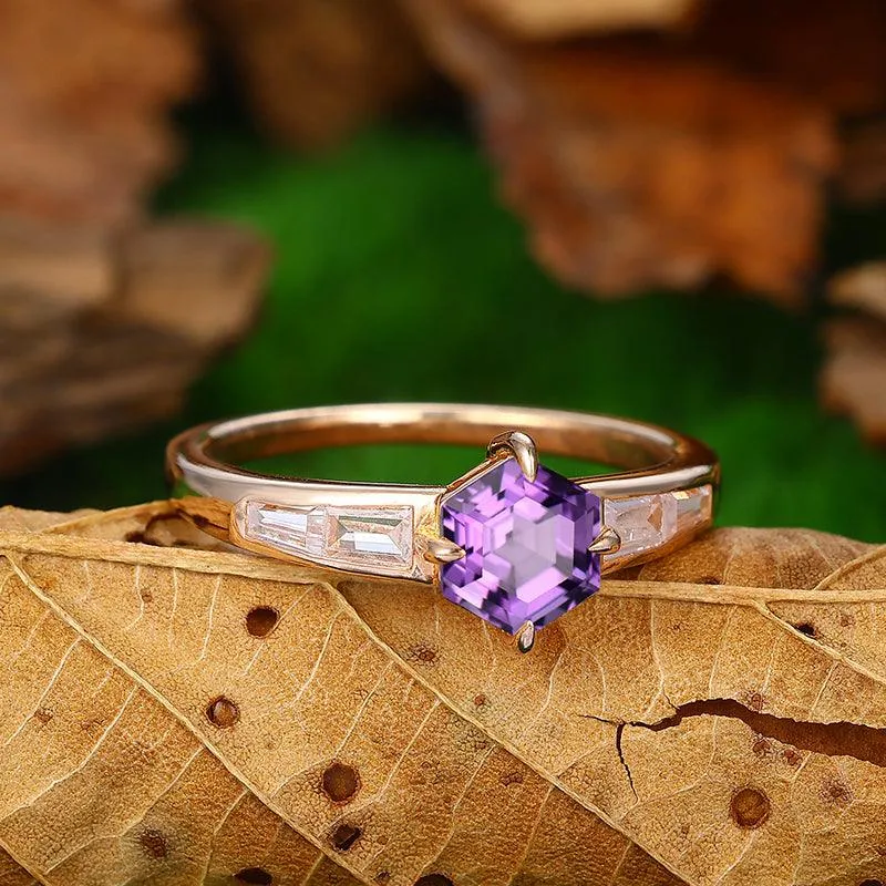 Unique Hexagon Cut Sterling Silver Natural Amethyst  Engagement  Ring February Birthstone
