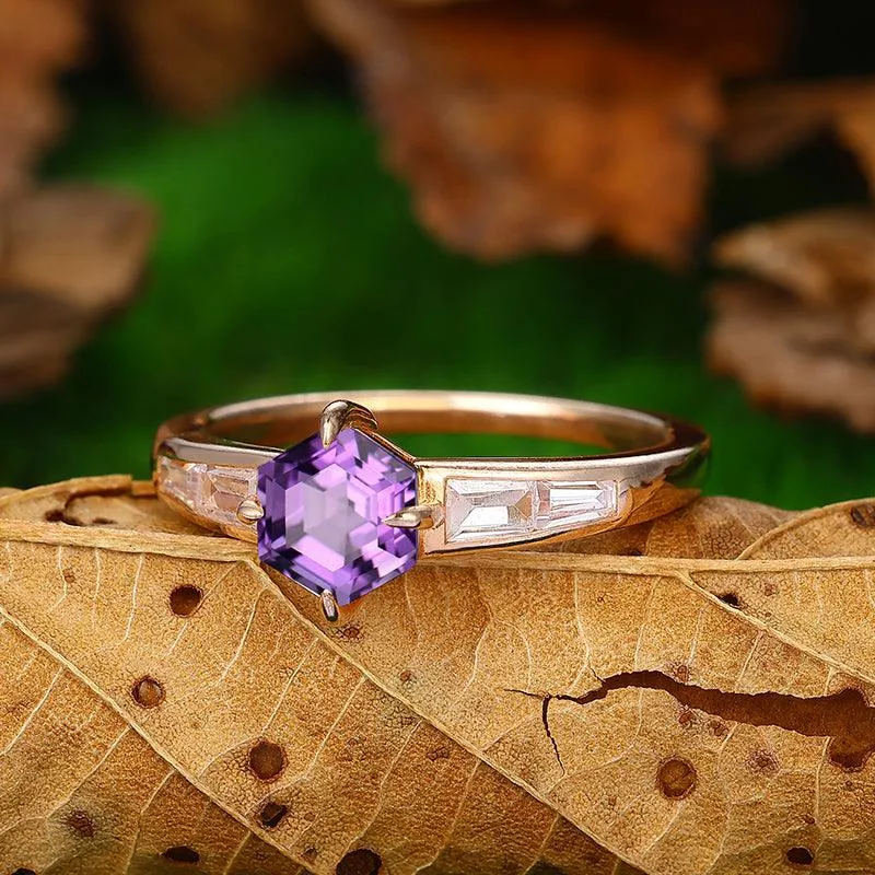 Unique Hexagon Cut Sterling Silver Natural Amethyst  Engagement  Ring February Birthstone