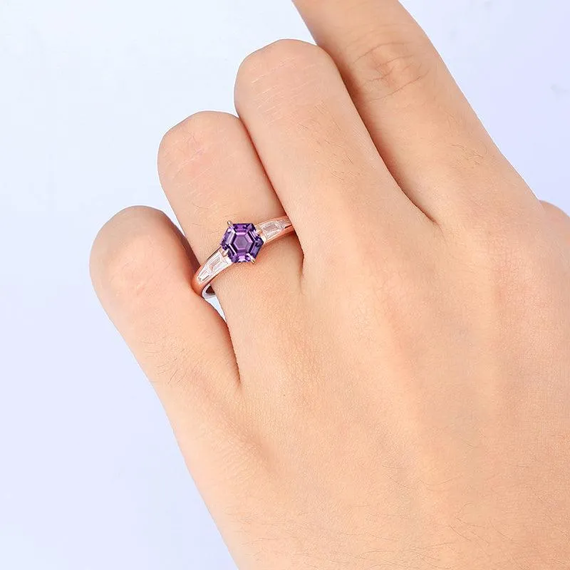 Unique Hexagon Cut Sterling Silver Natural Amethyst  Engagement  Ring February Birthstone