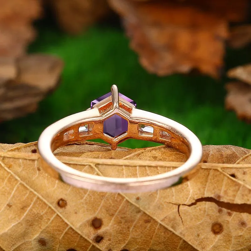 Unique Hexagon Cut Sterling Silver Natural Amethyst  Engagement  Ring February Birthstone