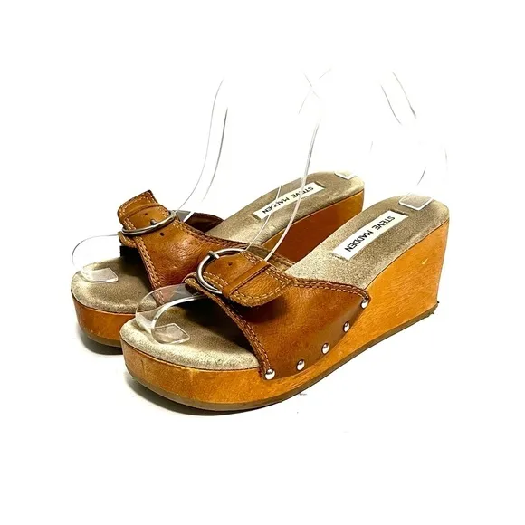 Vintage Y2K brown leather open toe riveted wooden platform wedge heel sandals