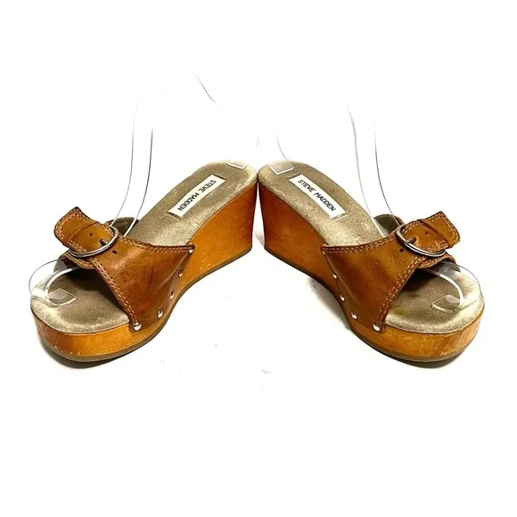 Vintage Y2K brown leather open toe riveted wooden platform wedge heel sandals