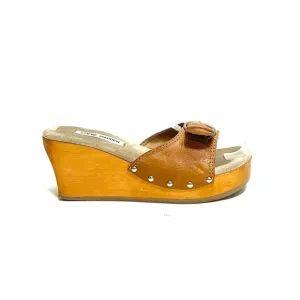 Vintage Y2K brown leather open toe riveted wooden platform wedge heel sandals