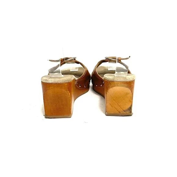 Vintage Y2K brown leather open toe riveted wooden platform wedge heel sandals