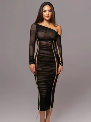 Women Two Layer Mesh Backless Ruched bodycon dress Club Party Sexy Long Dress Diagonal Collar Long Sleeve Midi Dress