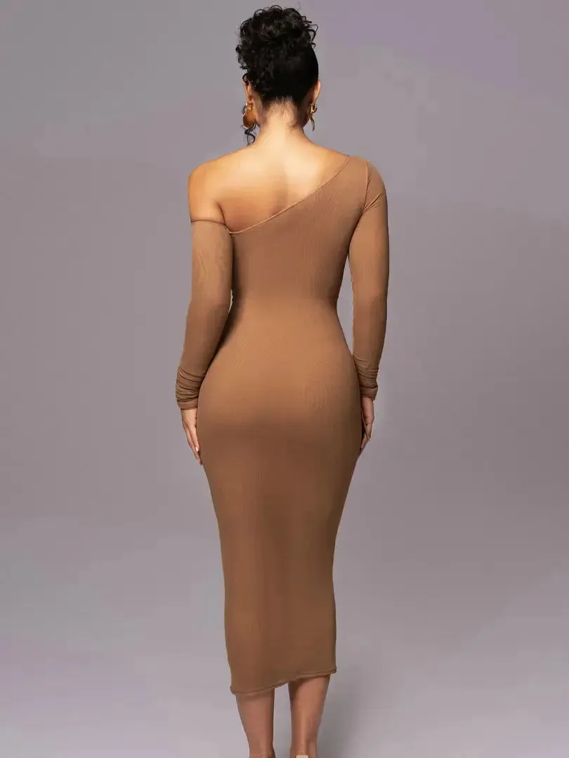 Women Two Layer Mesh Backless Ruched bodycon dress Club Party Sexy Long Dress Diagonal Collar Long Sleeve Midi Dress