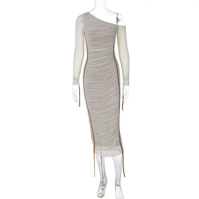 Women Two Layer Mesh Backless Ruched bodycon dress Club Party Sexy Long Dress Diagonal Collar Long Sleeve Midi Dress