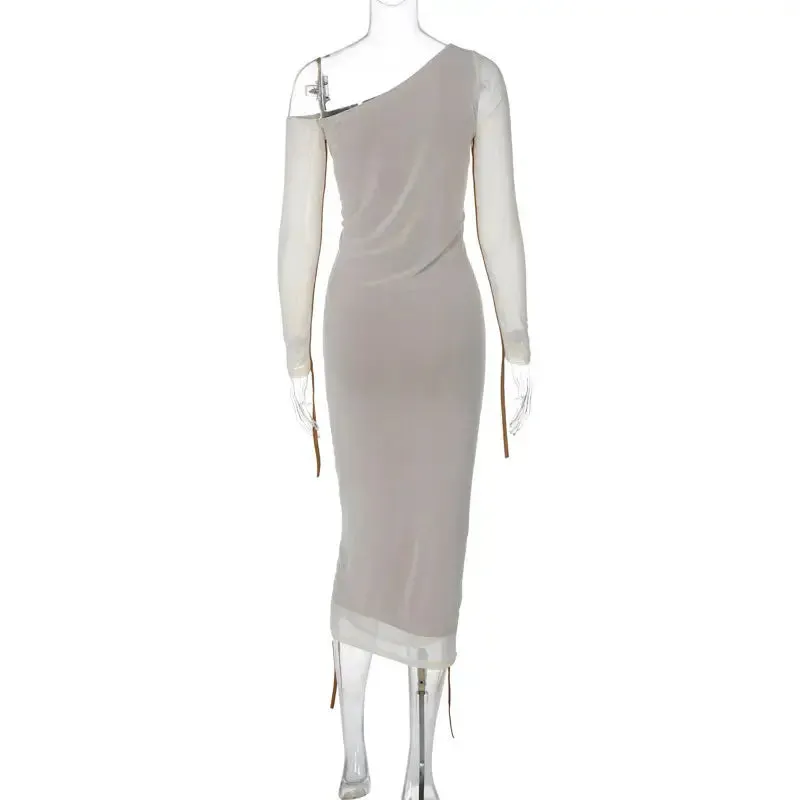 Women Two Layer Mesh Backless Ruched bodycon dress Club Party Sexy Long Dress Diagonal Collar Long Sleeve Midi Dress