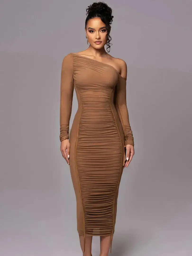 Women Two Layer Mesh Backless Ruched bodycon dress Club Party Sexy Long Dress Diagonal Collar Long Sleeve Midi Dress