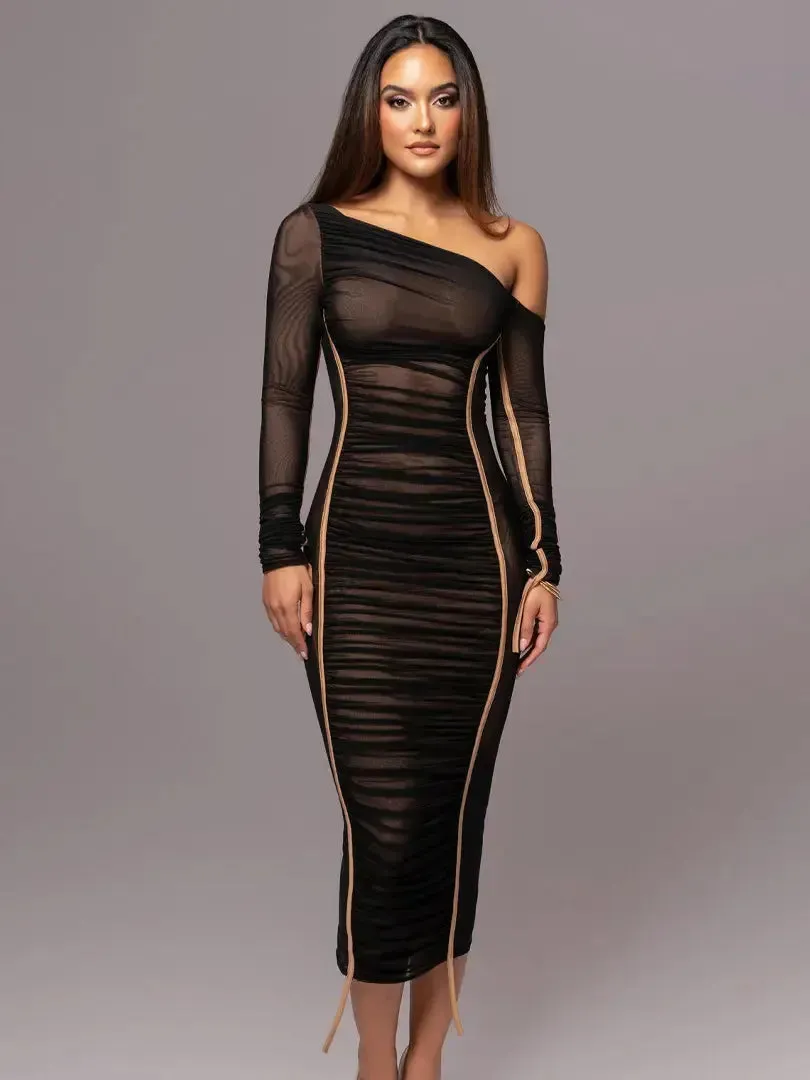 Women Two Layer Mesh Backless Ruched bodycon dress Club Party Sexy Long Dress Diagonal Collar Long Sleeve Midi Dress