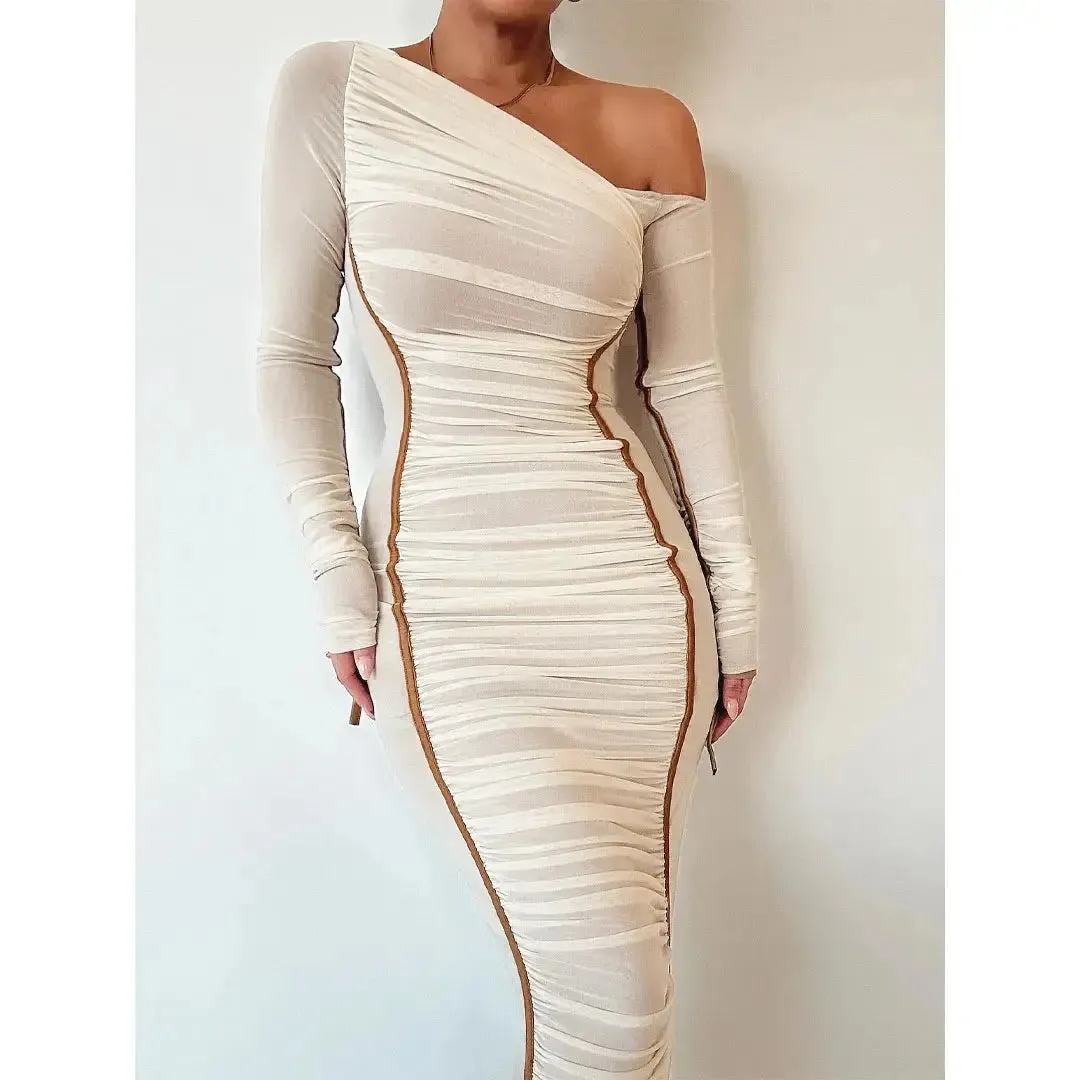 Women Two Layer Mesh Backless Ruched bodycon dress Club Party Sexy Long Dress Diagonal Collar Long Sleeve Midi Dress