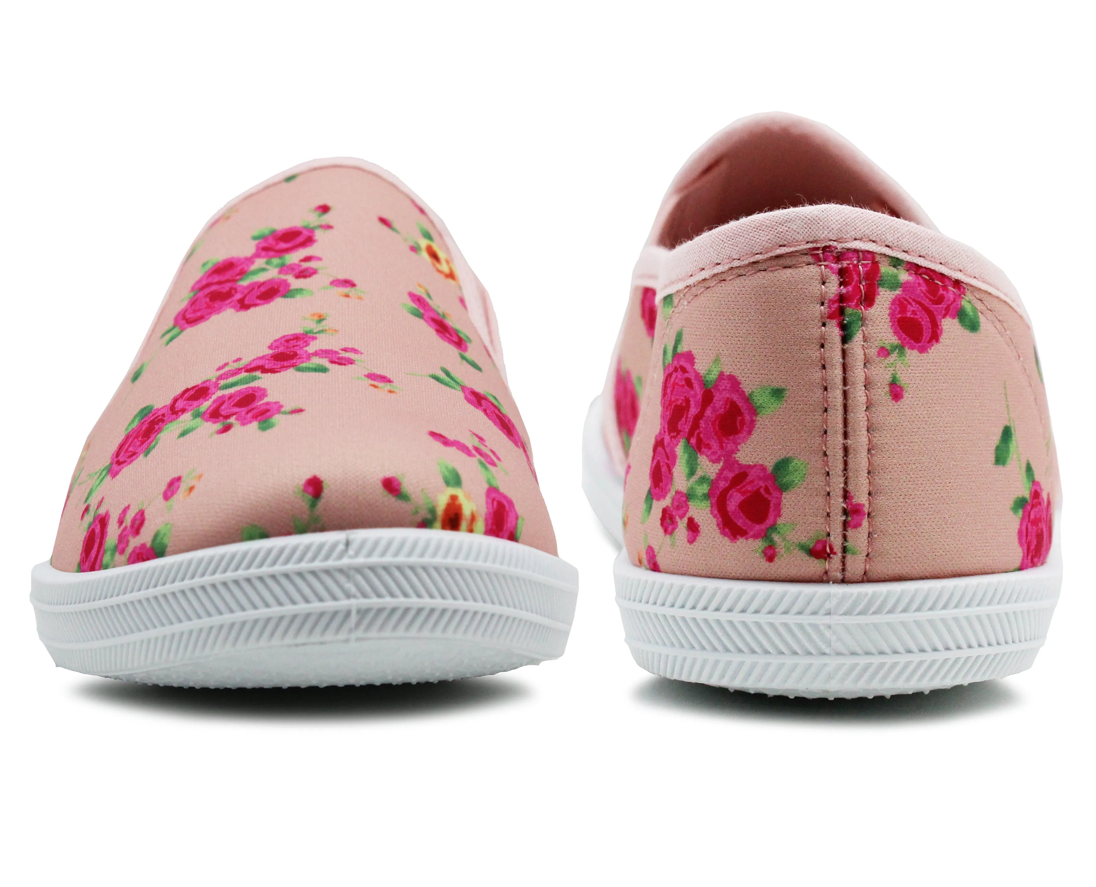 Womens Pink Floral Canvas Slip On Plimsolls Flat Pumps Casual Loafer Trainers