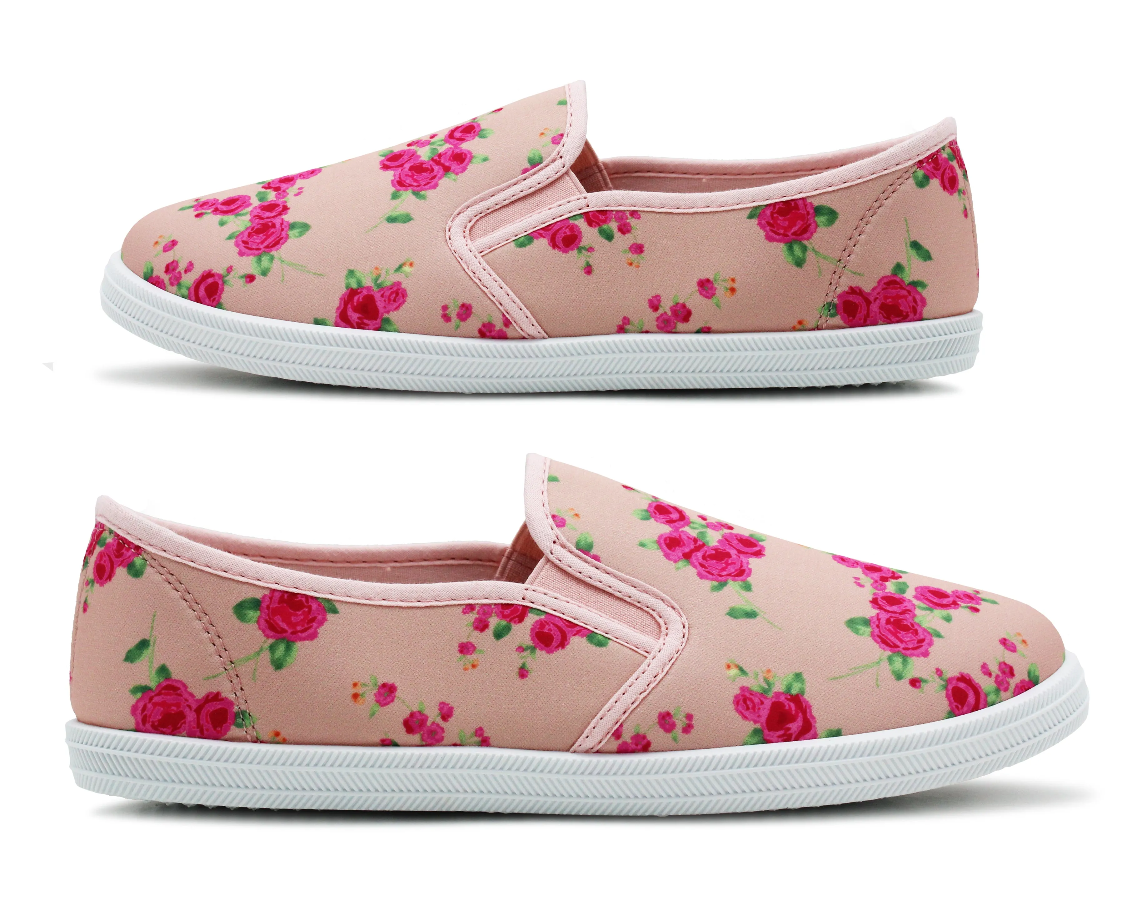 Womens Pink Floral Canvas Slip On Plimsolls Flat Pumps Casual Loafer Trainers