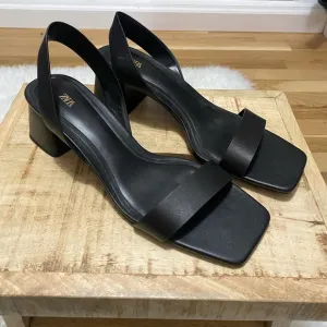 Zara NWOT Black Block Heel Leather Slingback Sandals Size 10 (41)