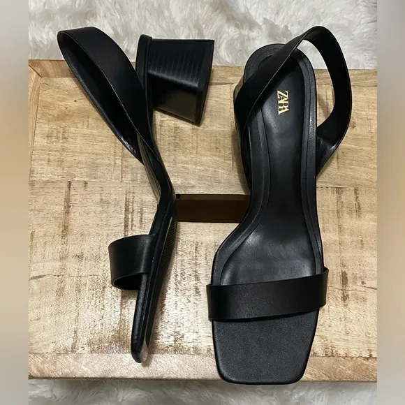 Zara NWOT Black Block Heel Leather Slingback Sandals Size 10 (41)
