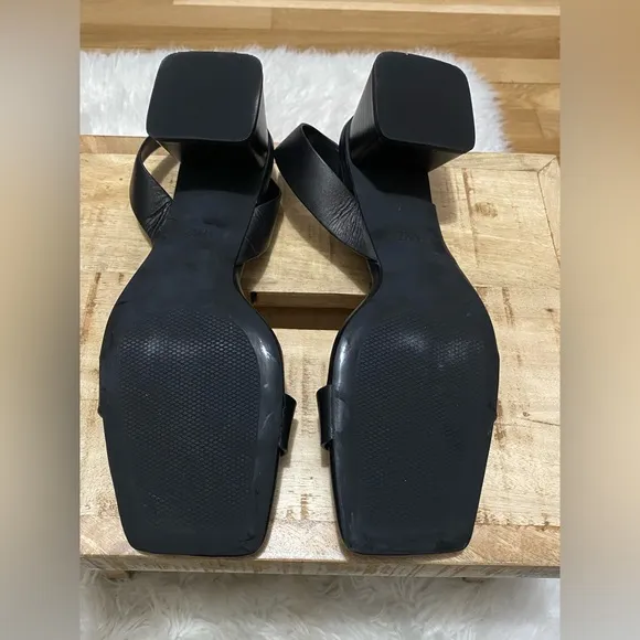 Zara NWOT Black Block Heel Leather Slingback Sandals Size 10 (41)