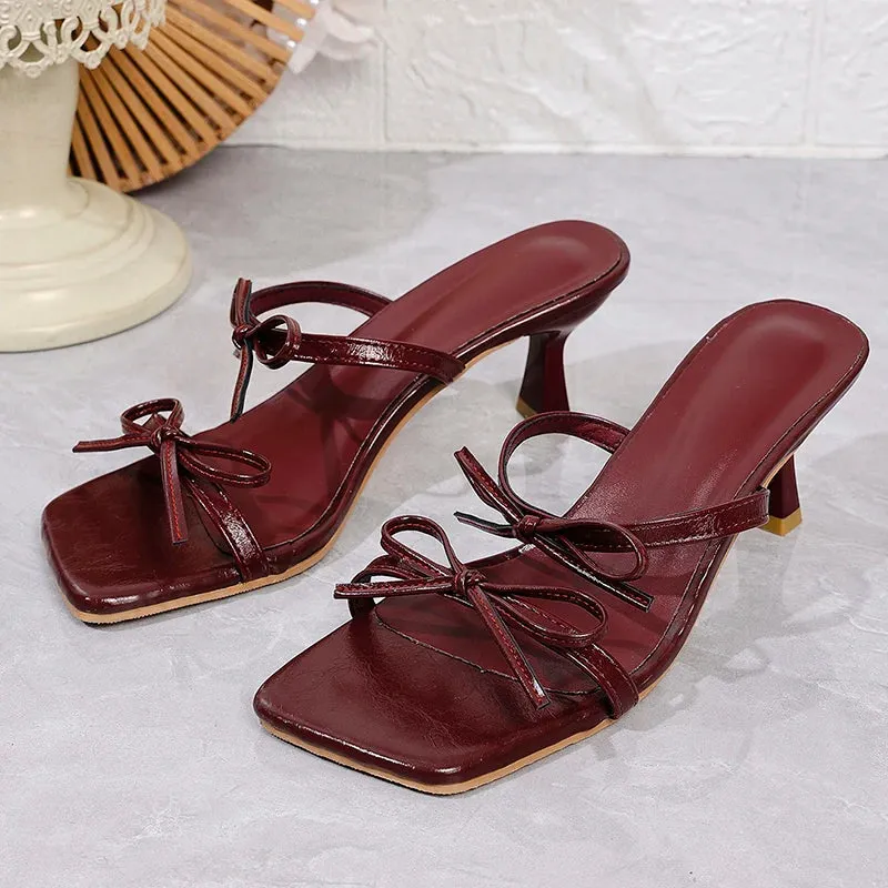 Zoki Elegant Bowknot High Heels Sandals Women Square Toe Design Thin Heels Slippers Woman Fashion Slip On Party Shoes Female
